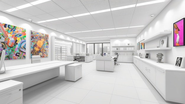 Um espaço de escritório moderno e branco com pinturas coloridas nas paredes.