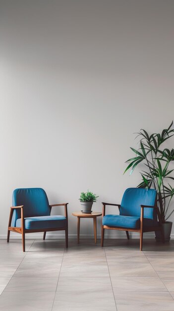 Um espaço de salão moderno com duas poltronas de veludo azul de pelúcia em torno de uma simples mesa de café de madeira colocada contra uma parede de concreto simples e acentuada com plantas tropicais em vasos para uma serena