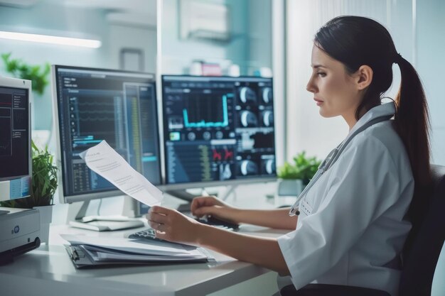 Foto um espaço de trabalho colaborativo onde os pesquisadores utilizam modelos de aprendizagem de máquina em grandes conjuntos de dados para prever resultados de doenças e tratamentos mostrando painéis interativos e análises preditivas em