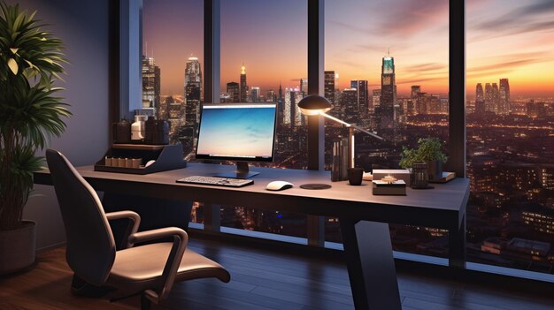 Foto um espaço de trabalho de escritório moderno com um computador de mesa elegante e o horizonte da cidade ao fundo