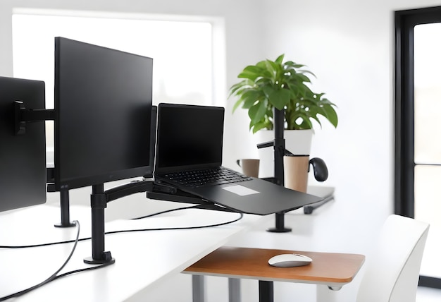 Foto um espaço de trabalho moderno com dois monitores de computador um montado em um braço um laptop em um suporte