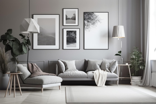 Um espaço interno simples em cinza acinzentado com quatro molduras na parede móveis e plantas é usado para exibir pôsteres