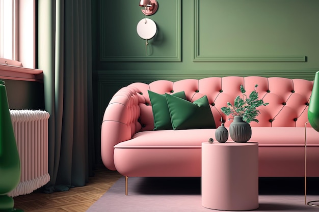 Um espaço rosa apresenta um tapete de sofá verde e mesa lateral