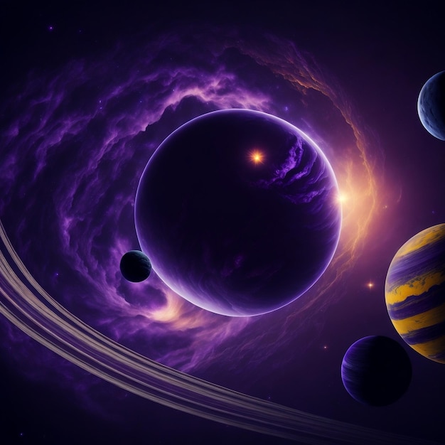 Um espaço roxo e roxo com planetas e estrelas