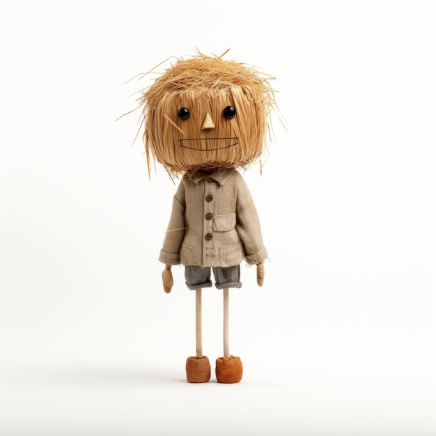 um espantalho de madeira em miniatura, representado no estilo de Patricia Piccinini e Ben Quilty, está isolado. com proporções de brinquedo, o espantalho usa chapéu e segura um bastão. sua aparência desgastada