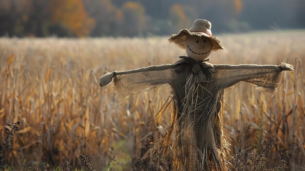 Foto um espantalho solitário está em um campo de milho com os braços estendidos em um gesto de boas-vindas ou aviso