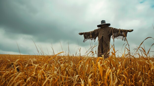 Foto um espantalho solitário está em um campo de trigo com os braços estendidos em um gesto de boas-vindas ou aviso