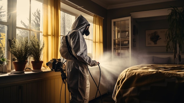 Um especialista em controle de pragas vestido com roupas de proteção atomizando inseticidas em uma câmara de dormir