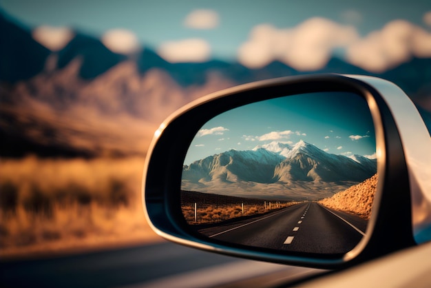 Um espelho de carro mostra uma estrada na vista traseira com montanhas