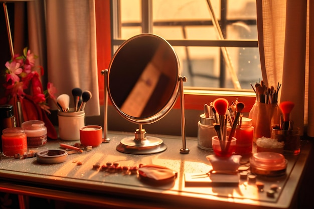 Um espelho de maquiagem e alguns cosméticos em uma mesa
