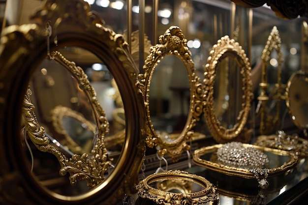 um espelho dourado com acabamento dourado e acabamento de ouro está em exibição