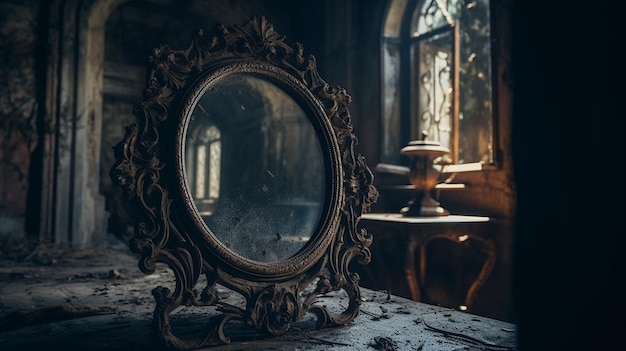 Um espelho em uma sala com uma janela atrás dele