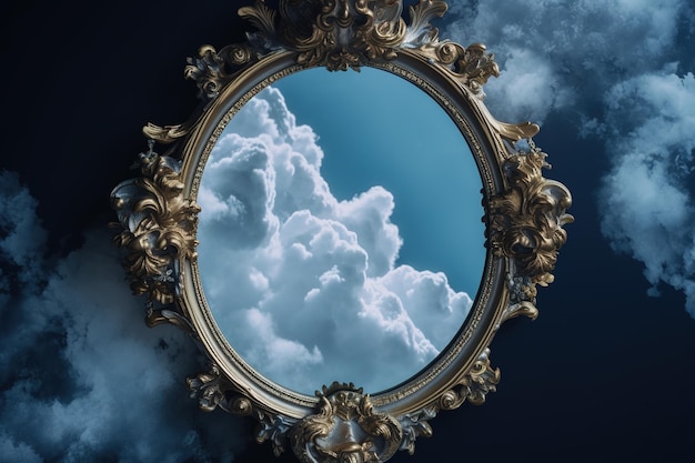 um espelho que tem uma imagem de nuvens refletida nele