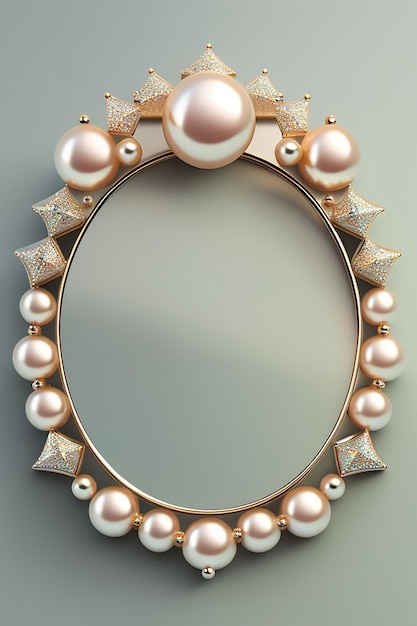 Foto um espelho redondo com pérolas e detalhes dourados.