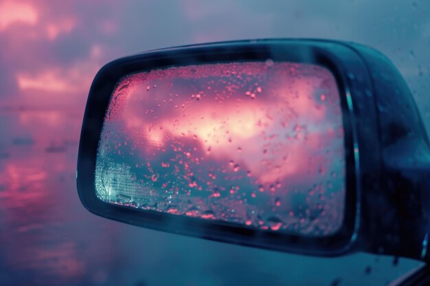 Foto um espelho retrovisor é mostrado cercado por nuvens