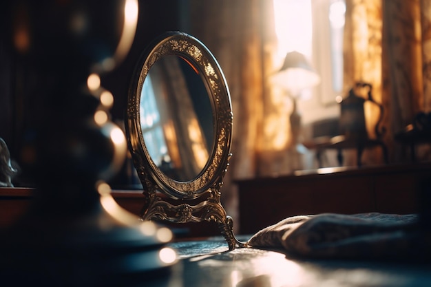 Um espelho sobre uma mesa com uma lâmpada ao fundo