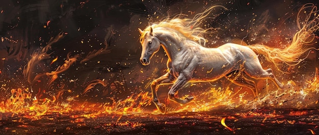 Foto um espetacular cavalo selvagem galopando através de chamas intensas num campo ardente de beleza vermelha e laranja