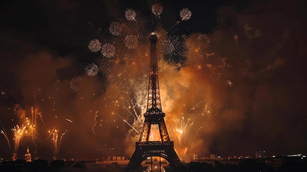 Um espetacular fogos de artifício explode atrás da icônica Torre Eiffel
