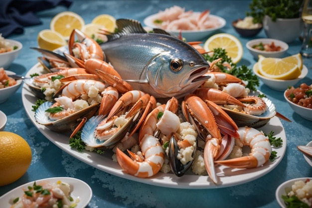 Um espetáculo de frutos do mar impressionante de um ângulo alto