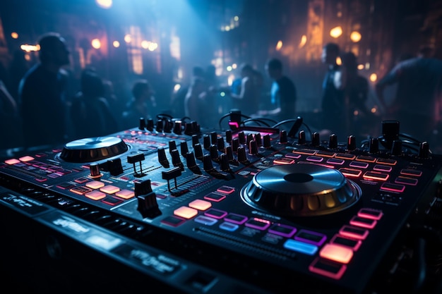 Um espetáculo noturno se desenrola com a mesa de mixagem de DJ na boate