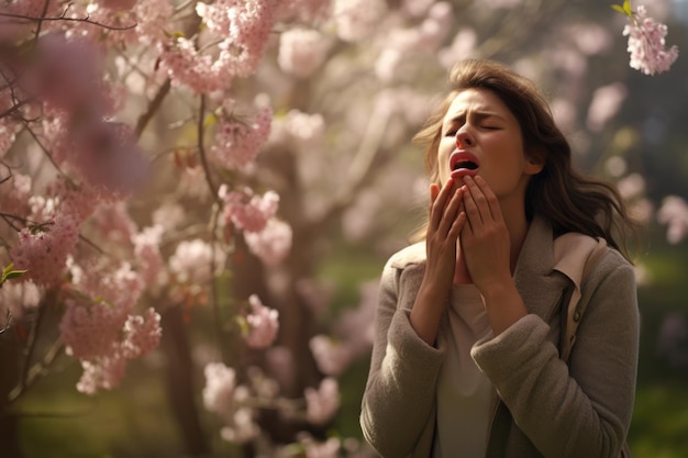 Um espirro feminino em uma floresta de cerejeiras em expansão na primavera devido a alergia ao pólen Conceito sazonal da primavera gerado pela IA