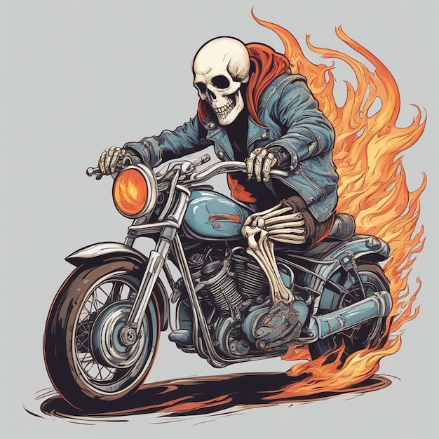 um esqueleto andando de moto vestindo uma jaqueta e jeans com vetor de design de camiseta de fogo pronto