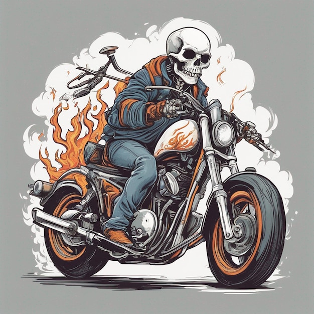 um esqueleto andando de moto vestindo uma jaqueta e jeans com vetor de design de camiseta de fogo pronto