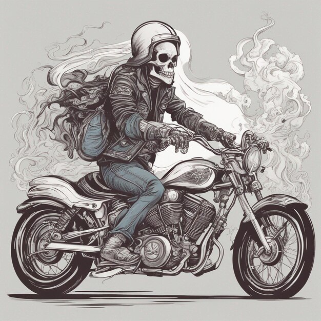 Foto um esqueleto andando de moto vestindo uma jaqueta e jeans com vetor de design de camiseta de fogo pronto