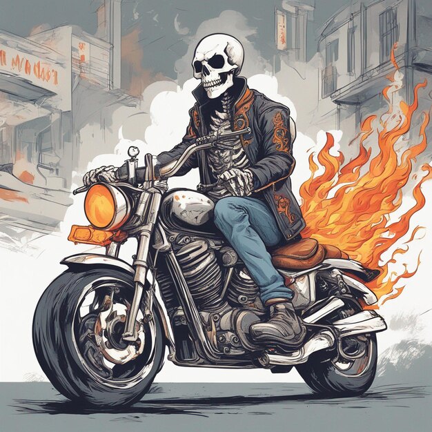 Foto um esqueleto andando de moto vestindo uma jaqueta e jeans com vetor de design de camiseta de fogo pronto