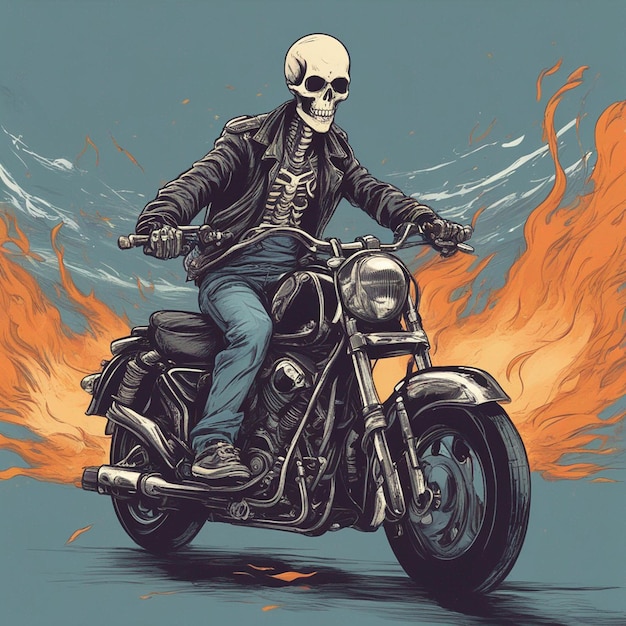 um esqueleto andando de moto vestindo uma jaqueta e jeans com vetor de design de camiseta de fogo pronto