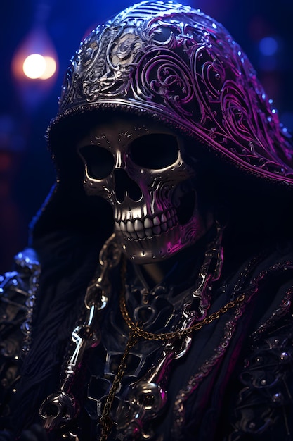 um esqueleto assustador e rico coberto de joias luxuosas