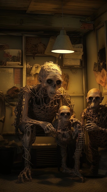 Um esqueleto com um esqueleto na parte de trás senta-se na frente de uma parede com outros esqueletos
