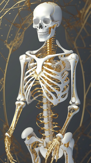 Um esqueleto com um fundo dourado e preto e um fundo preto.