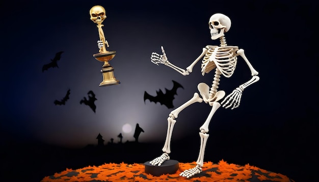 um esqueleto com um morcego e uma vela no fundo