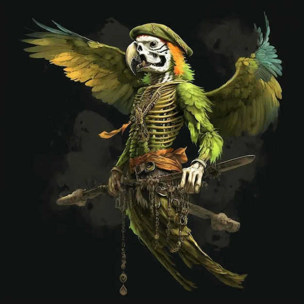 Um esqueleto com um papagaio nas asas está sentado em uma espada.