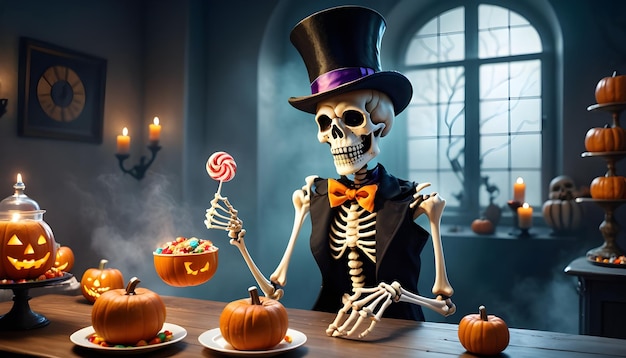 um esqueleto com uma cana de doces e uma cana-de-doces com uma cana- de doces na frente dele