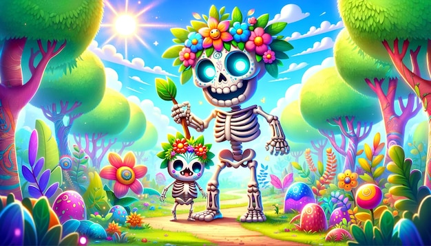 um esqueleto com uma flor na cabeça e um chapéu nele