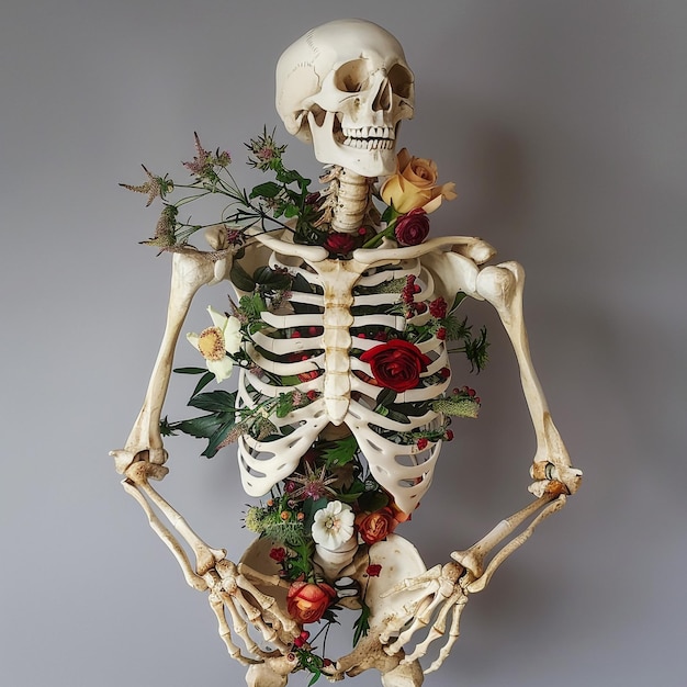 um esqueleto com uma flor na parte de trás senta-se na frente de um fundo cinza