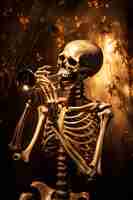 Foto um esqueleto com uma trombeta na mão está segurando uma trombeta