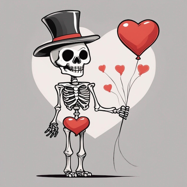 Um esqueleto de desenho animado com um chapéu e um papel de parede de balão de coração