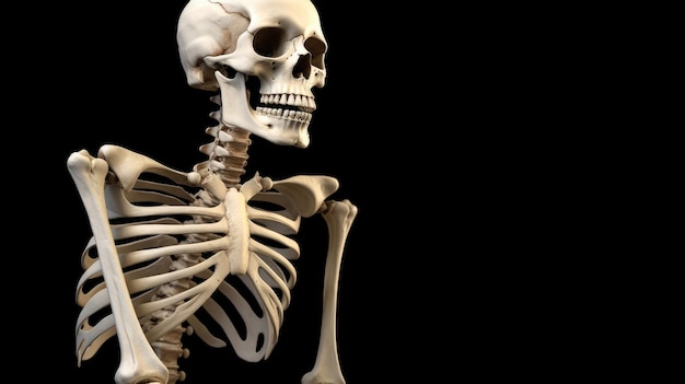 Um esqueleto é mostrado na frente de um fundo preto.