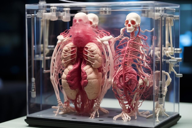 Um esqueleto e um esqueleto humano num recipiente transparente.