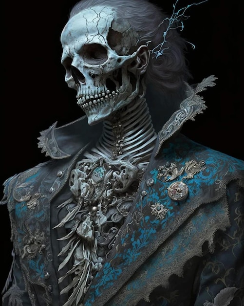 Um esqueleto em um terno azul e dourado com uma corrente de prata em volta do pescoço.