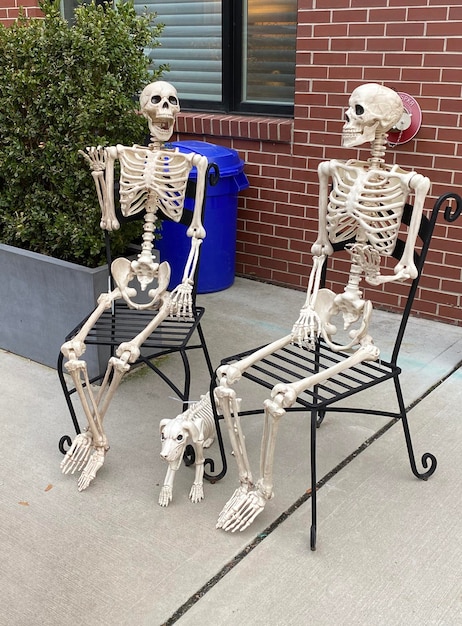 Foto um esqueleto humano na varanda decoração da casa de halloween