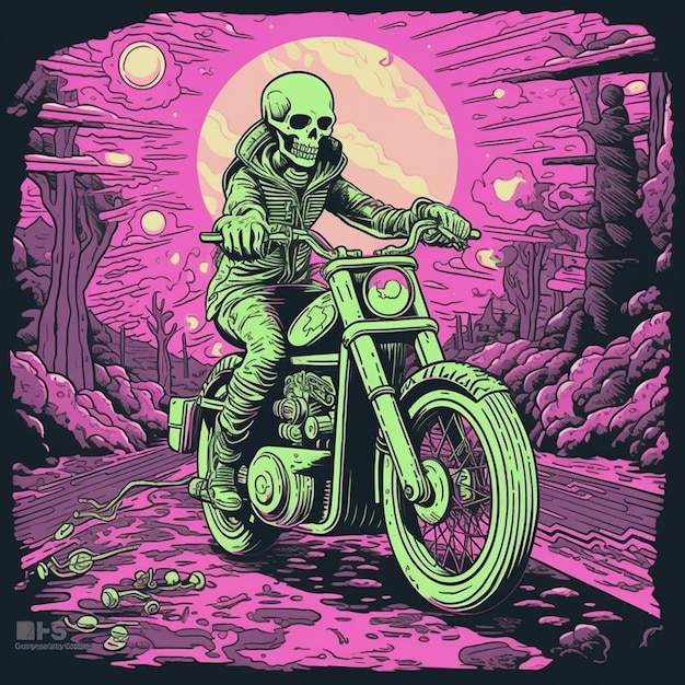 Um esqueleto montando uma motocicleta em um fundo roxo e preto