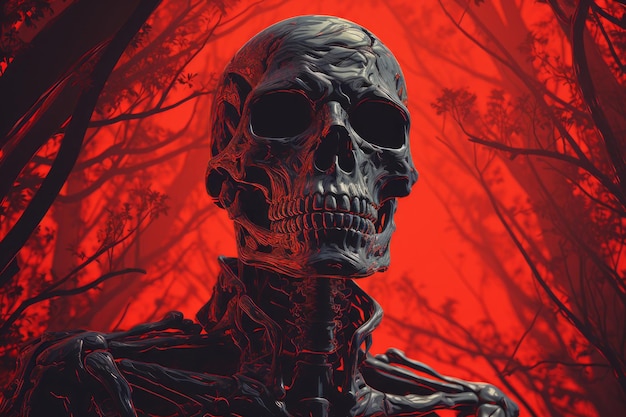 um esqueleto na floresta com fundo vermelho