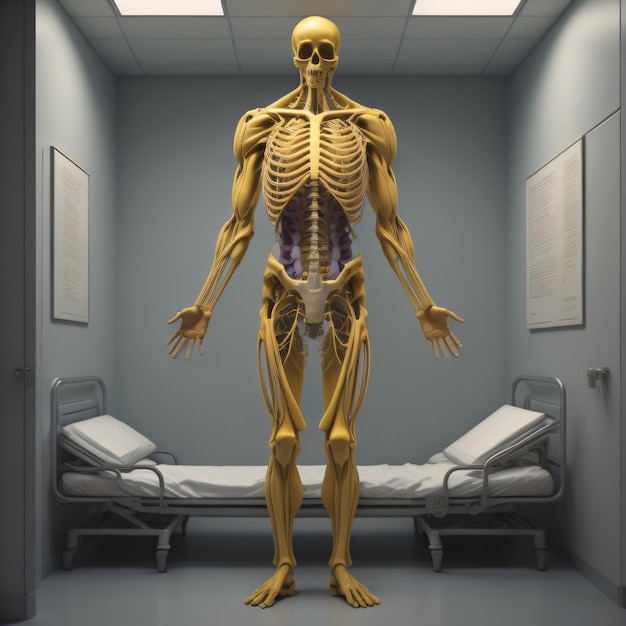 Um esqueleto parado em um quarto com uma cama e uma placa que diz "o esqueleto".