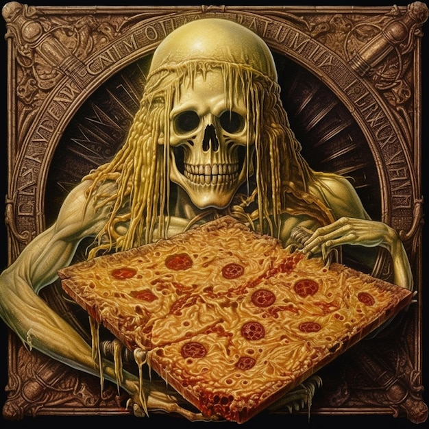 Um esqueleto segurando uma pizza com uma caveira.