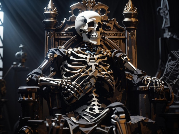 Um esqueleto sentado em um trono