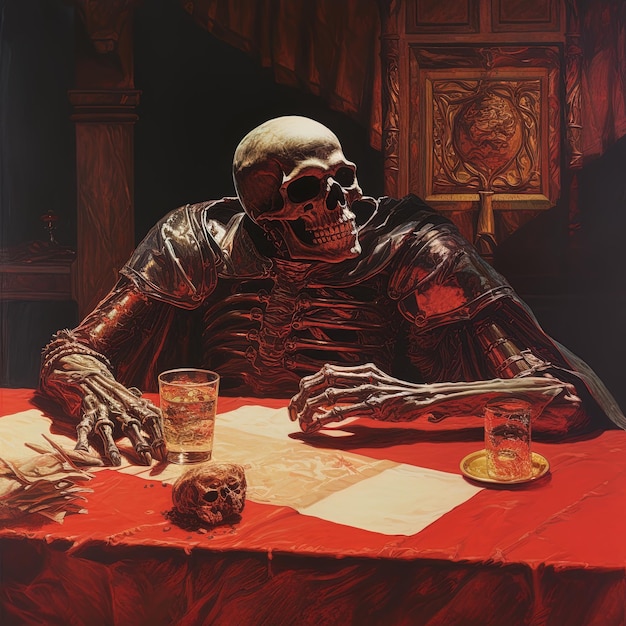 Foto um esqueleto sentado em uma mesa ao lado de um copo de cerveja
